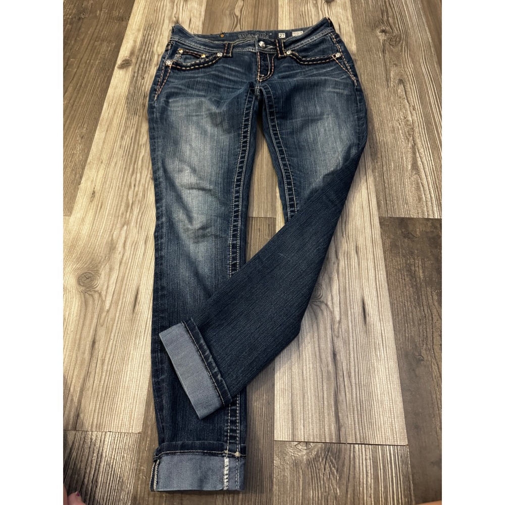 Miss Me Skinny Jeans Womens 27 Dark Wash Embellished Flap Pocket JS5014S56